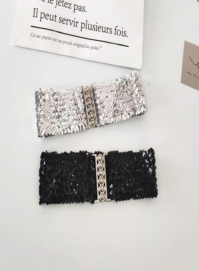 ArrErr 2 Pack Women Wide Elastic Belts Shiny Glitter Bling Sparkly Sequin Belt Retro Cinch Belt Waistband for 70s 80s Costume Party Disco Outfit Sparkle Flare Jumpsuit Halloween Cosplay Sequins Dress - Image 3